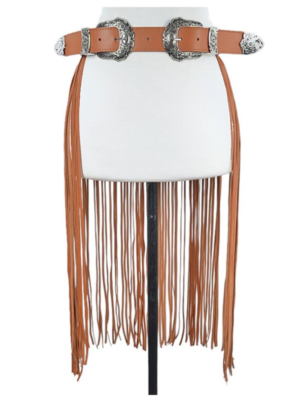 BNWT Boho Double Buckle Western Slash Faux Leather Long Fringe Belt - Picture 2 of 3